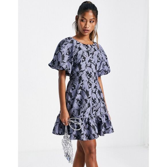 NWT Topshop Jacquard Puff Sleeve Mini Dress Blue Floral Open Back US 12 UK 16 - Picture 1 of 14